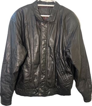 Vintage 90s Black Leather Bomber Jacket Genuine Leather Made in Korea Large